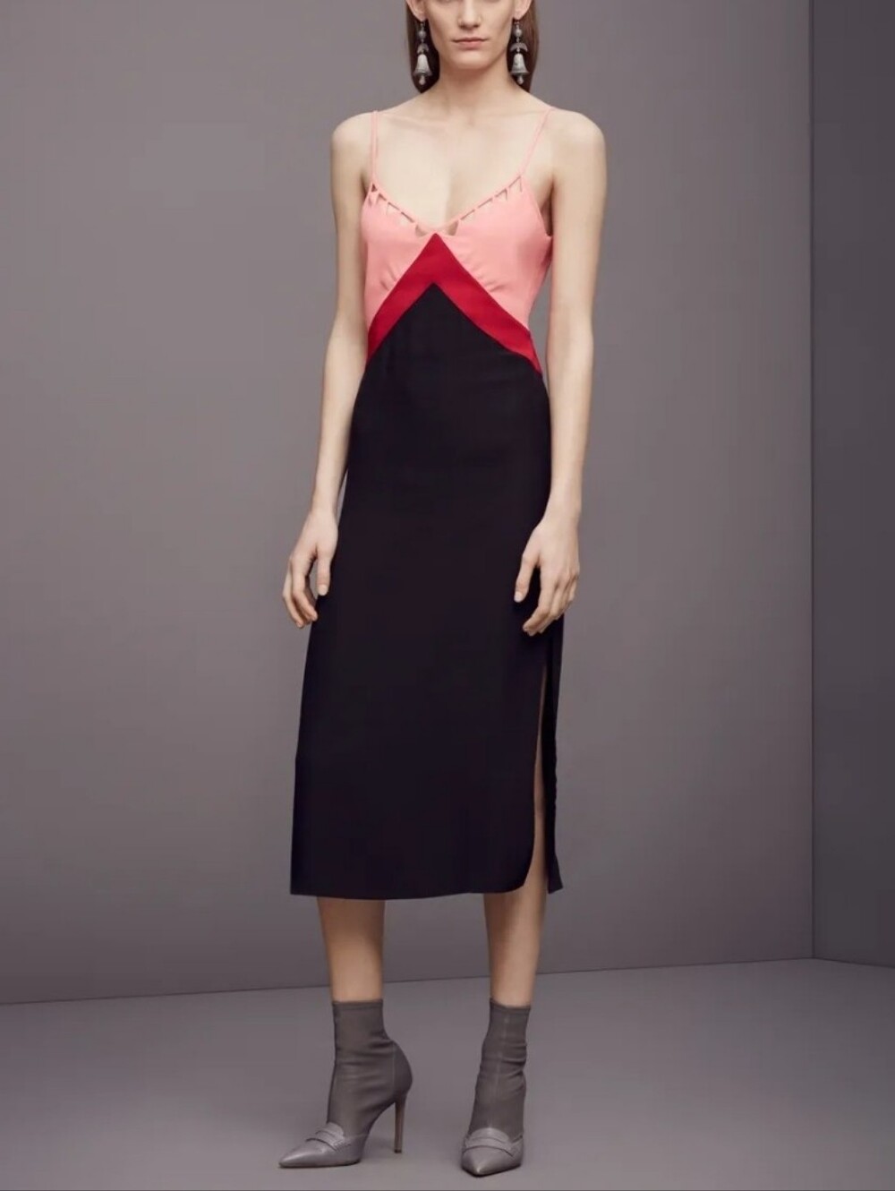 Altuzarra Pre-fall 2016 Runway Coral, Red & Black Chevron Midi Dress (42/US 12)
